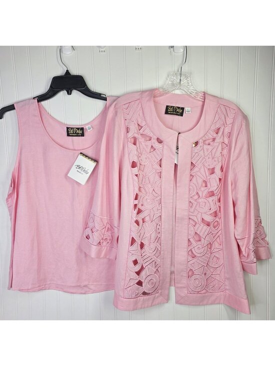 Bob Mackie Tops - Bob Mackie Wearable Art Jacket Tank Set Womens XL Pink Linen Cutout Cottagecore